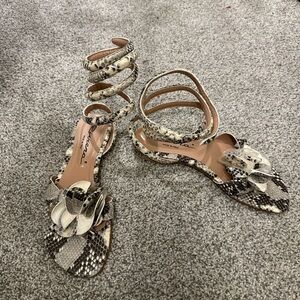 Riviera Women’s Snake-Print Ankle Wrap Sandals in Beige